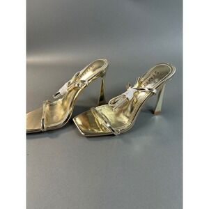 Simmi London Apple Gold Metallic Square Toe Bow Stiletto Heel‎ Sandals Size 6